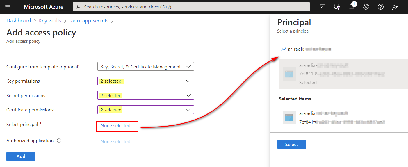 Select principal for Access Policy